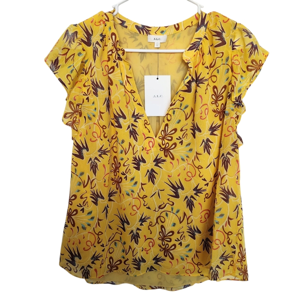 A.L.C. Silk Floral Ruffle Blouse 2 Yellow‎ Cottagecore Farmhouse Designer